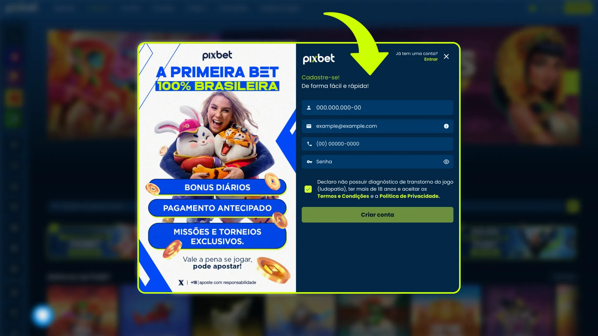 Abra o formulário de cadastro na página principal do Pixbet.