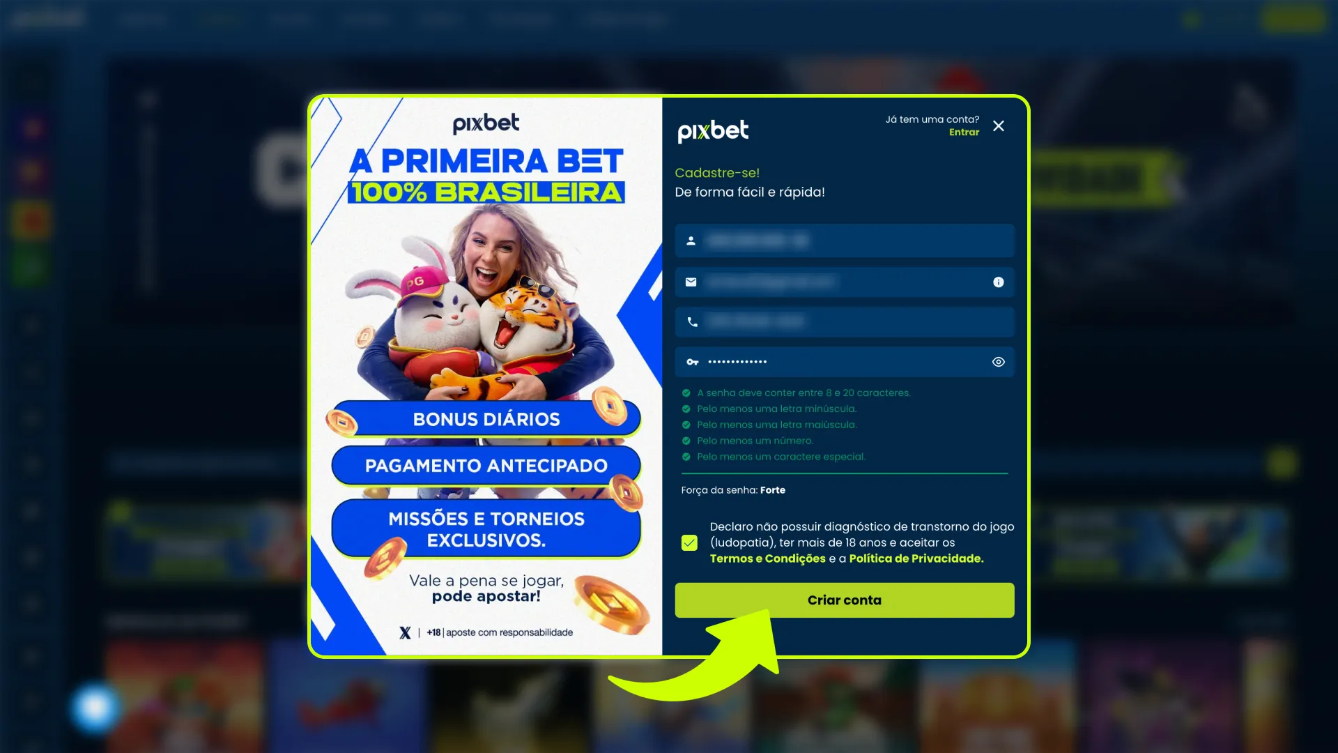 Aceite os termos da Pixbet e conclua o processo de cadastro.